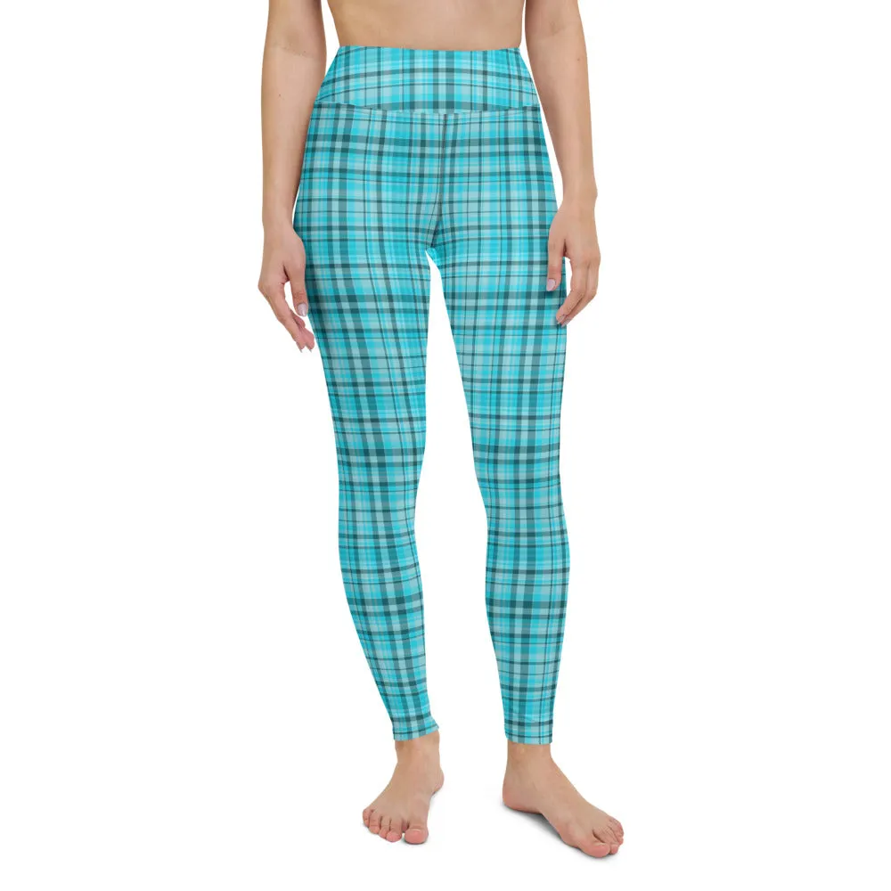 Light Blue Plaid Yoga Leggings, Scottish Style Tartan Print Women's Long Tights-Made in USA/EU/MX