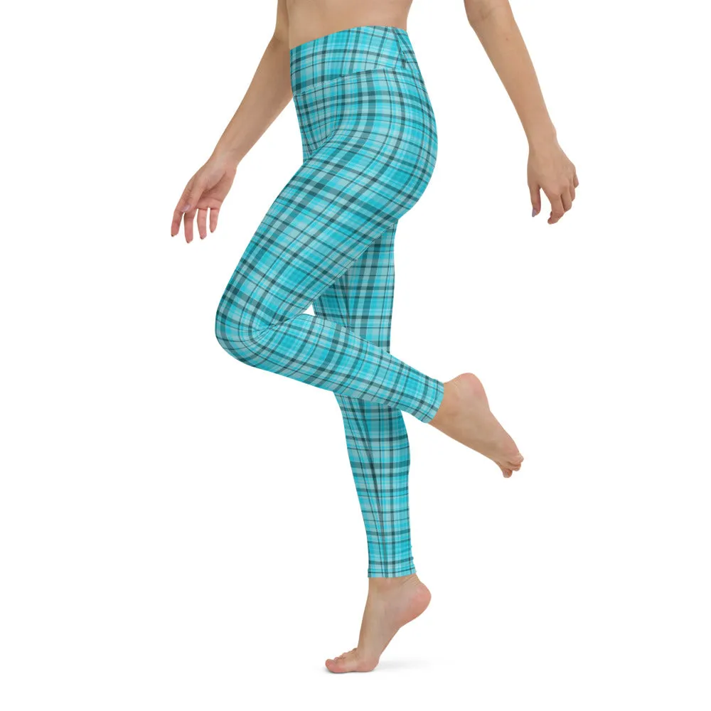 Light Blue Plaid Yoga Leggings, Scottish Style Tartan Print Women's Long Tights-Made in USA/EU/MX