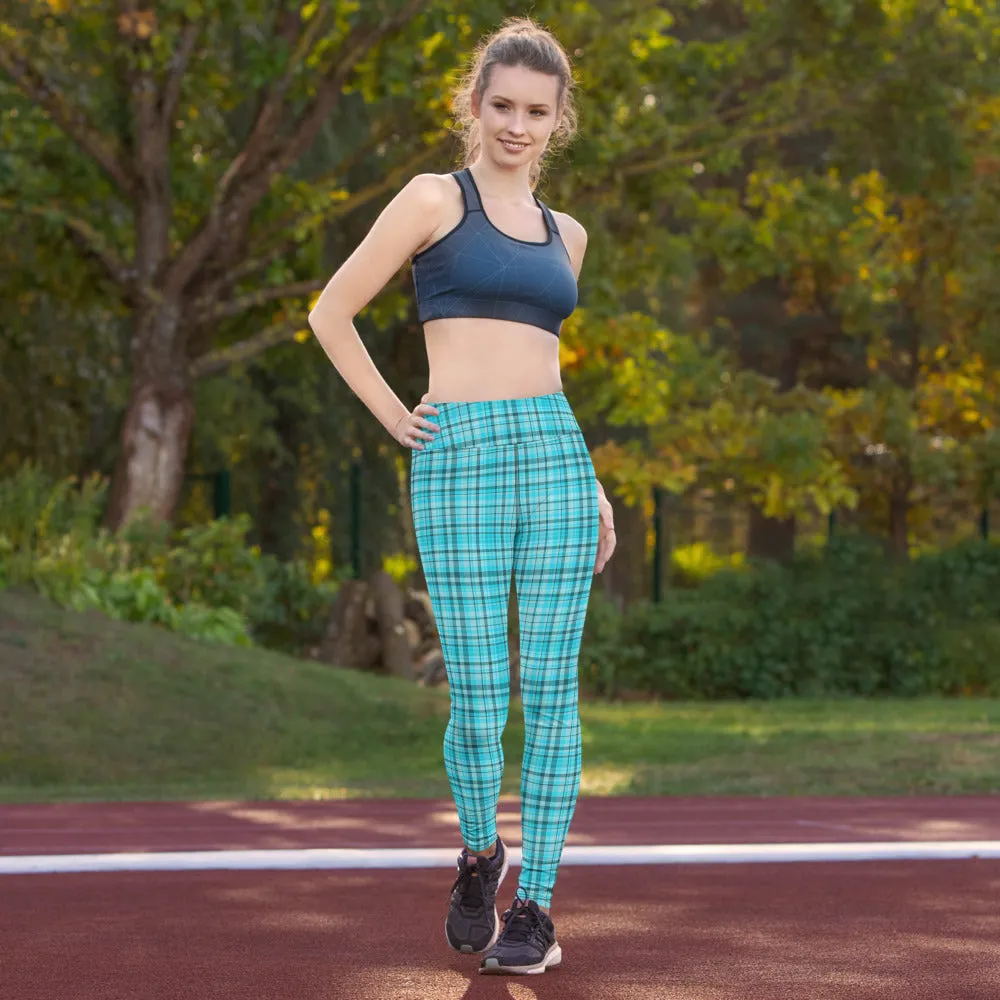 Light Blue Plaid Yoga Leggings, Scottish Style Tartan Print Women's Long Tights-Made in USA/EU/MX