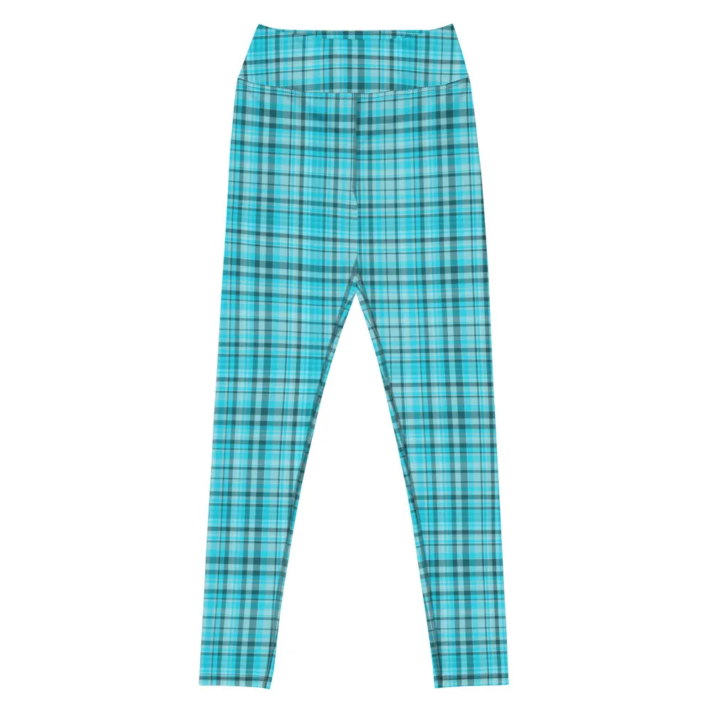 Light Blue Plaid Yoga Leggings, Scottish Style Tartan Print Women's Long Tights-Made in USA/EU/MX