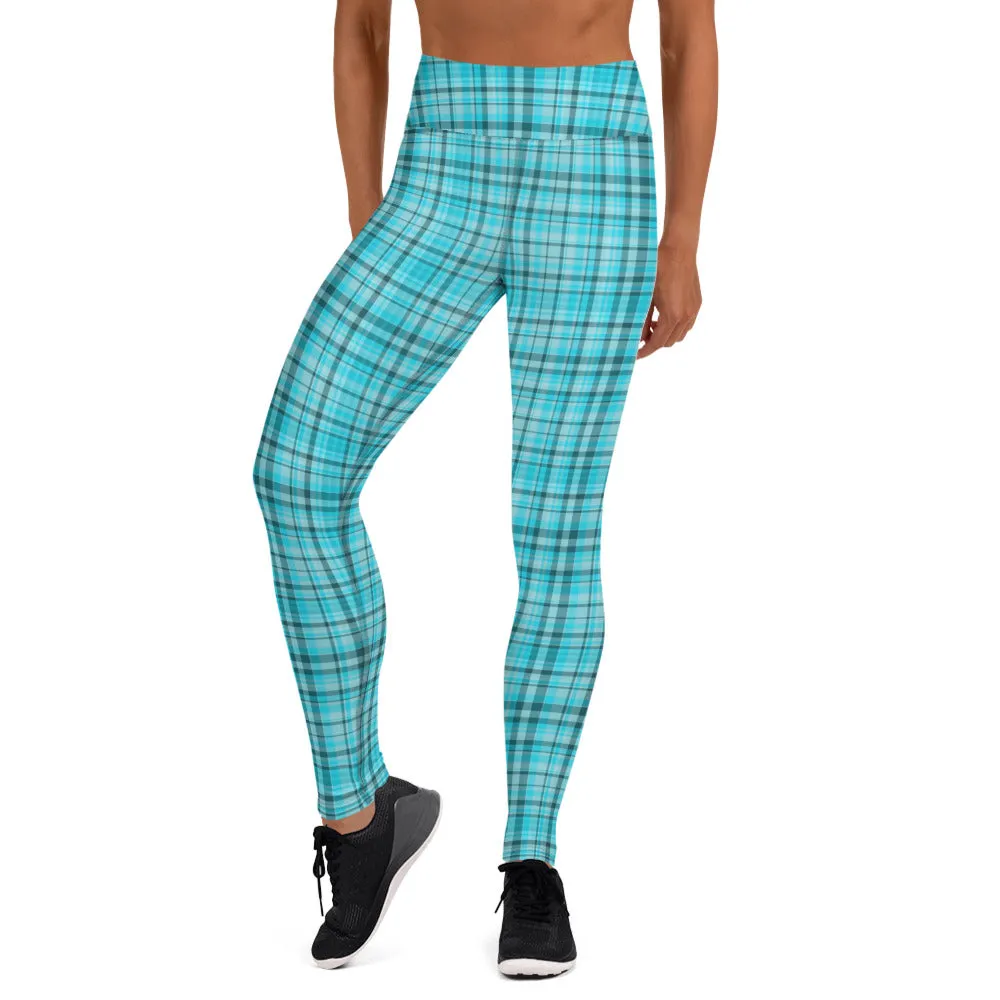 Light Blue Plaid Yoga Leggings, Scottish Style Tartan Print Women's Long Tights-Made in USA/EU/MX