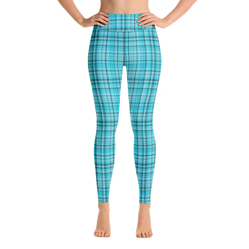 Light Blue Plaid Yoga Leggings, Scottish Style Tartan Print Women's Long Tights-Made in USA/EU/MX