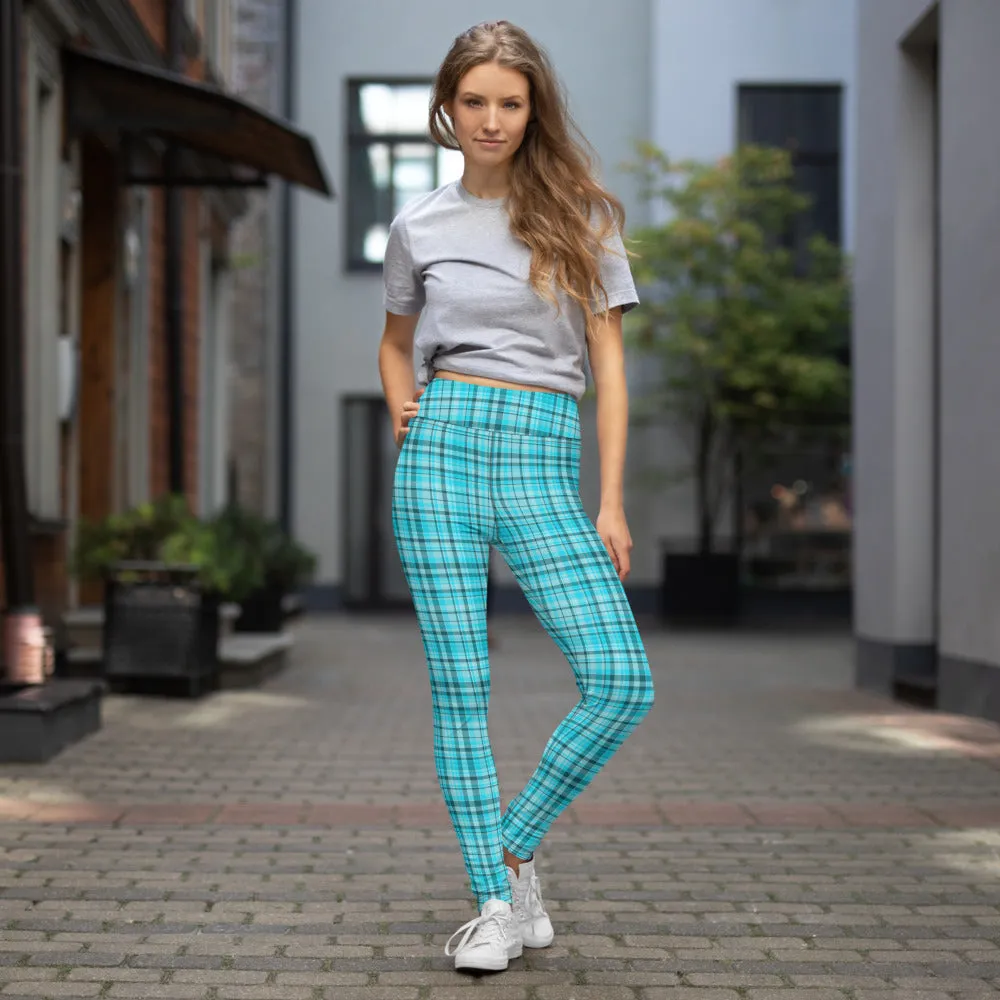 Light Blue Plaid Yoga Leggings, Scottish Style Tartan Print Women's Long Tights-Made in USA/EU/MX