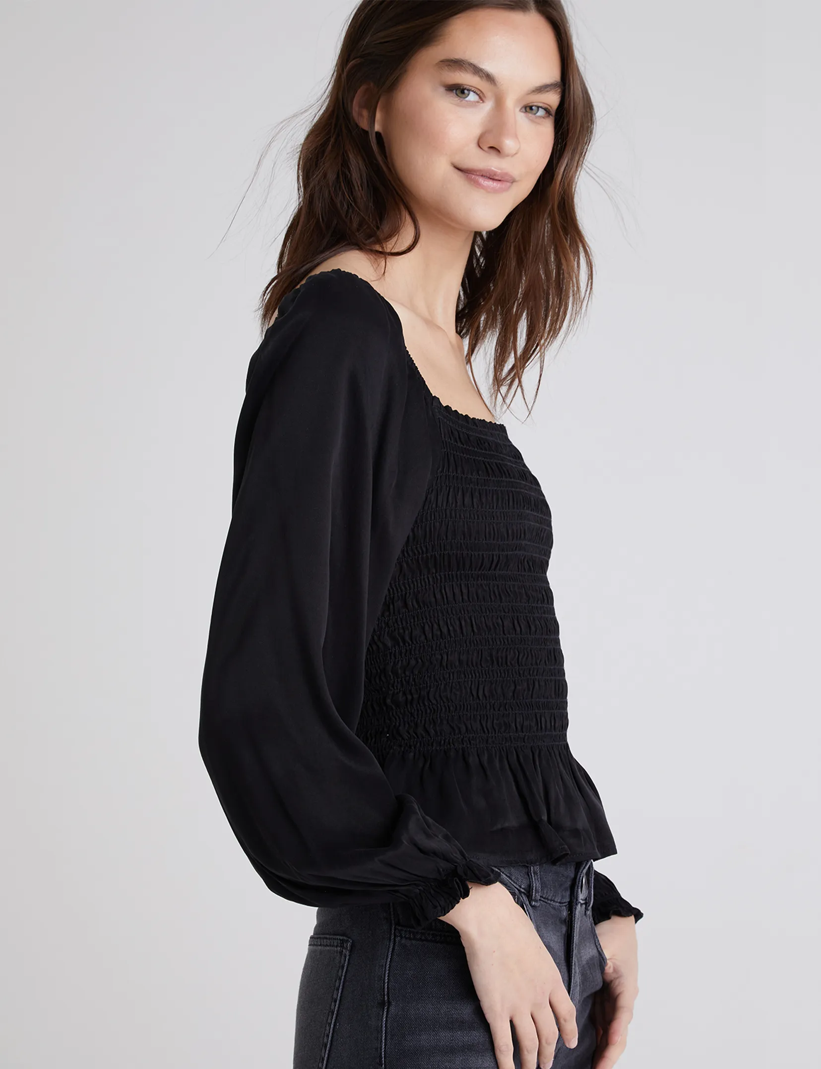 Longsleeve Smocked Top, Black