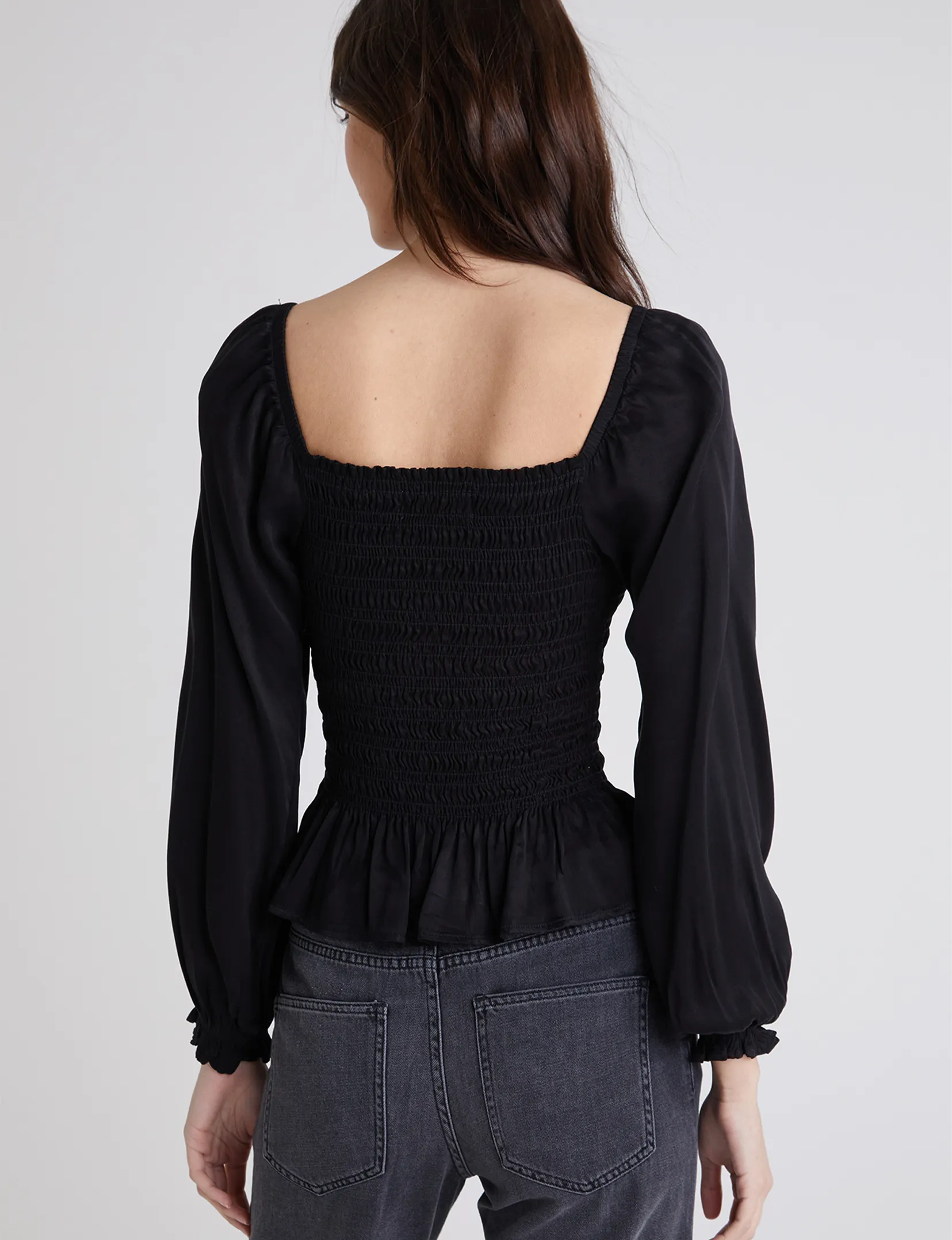 Longsleeve Smocked Top, Black