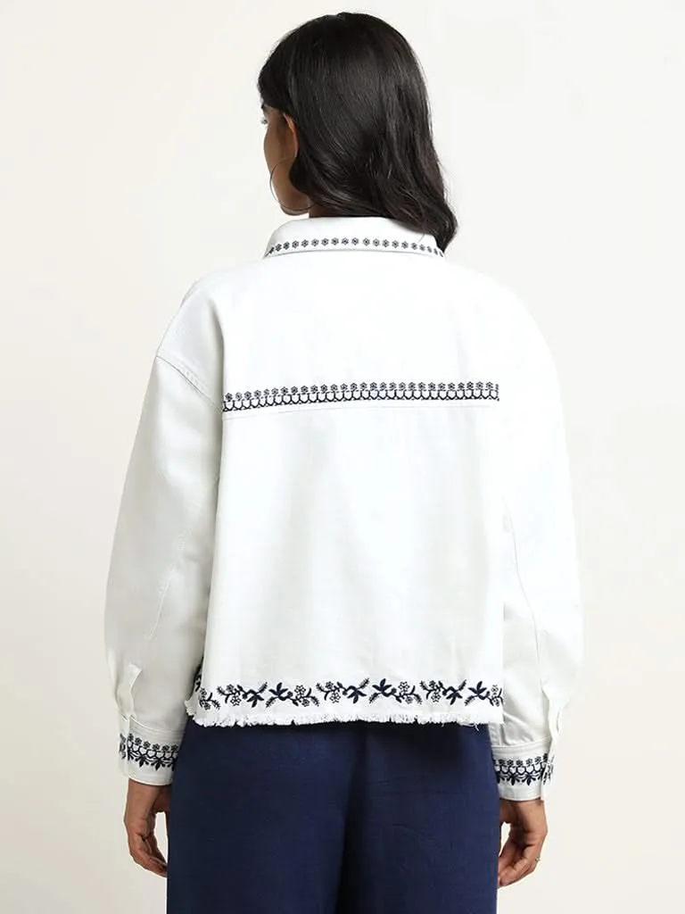 LOV White Contrast Embroidered Cotton Jacket