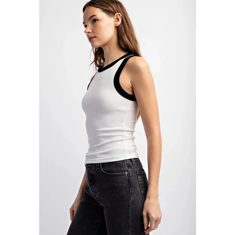 Lurex Ribbed Knit Tank Top Contrast Edge