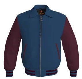 Luxury Bomber Classic Jacket Navy Blue Body and Maroon Leather Sleeves