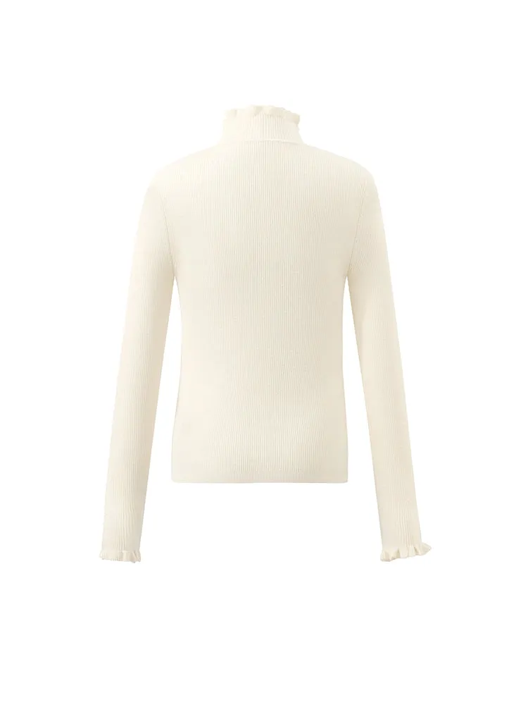 Machine Washable Wool Ruffle Turtleneck Women Sweater