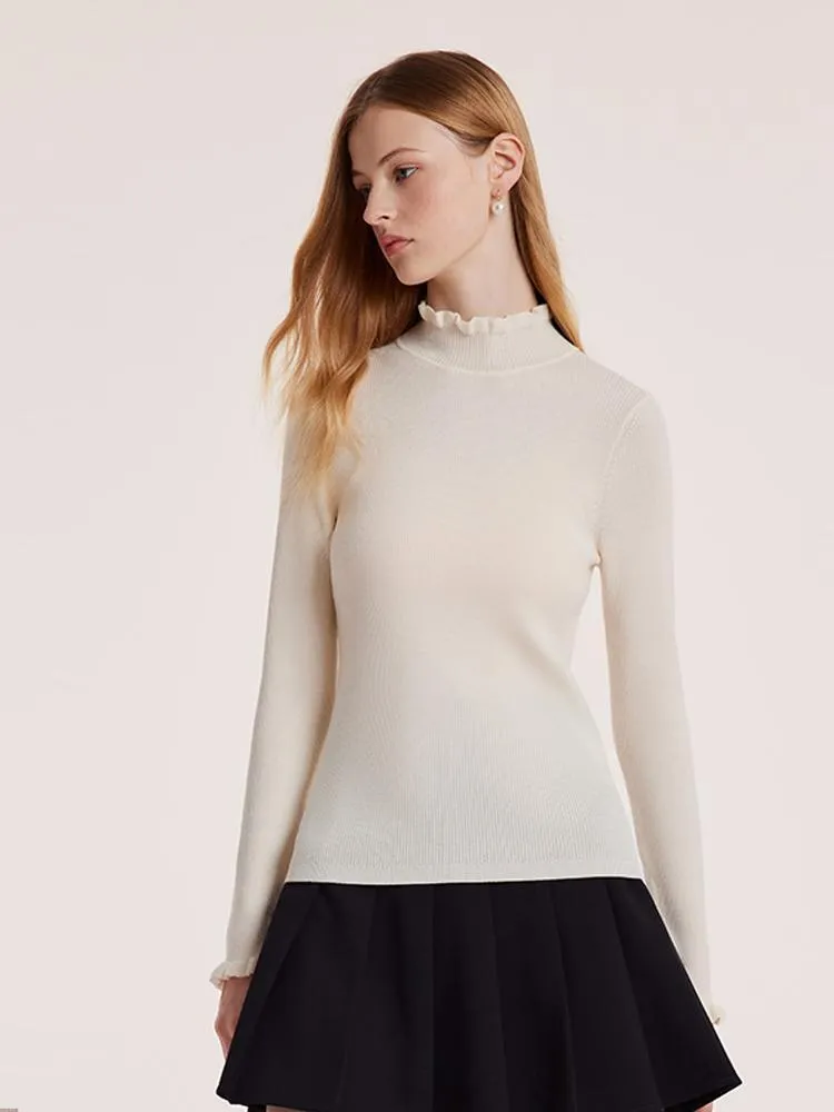 Machine Washable Wool Ruffle Turtleneck Women Sweater