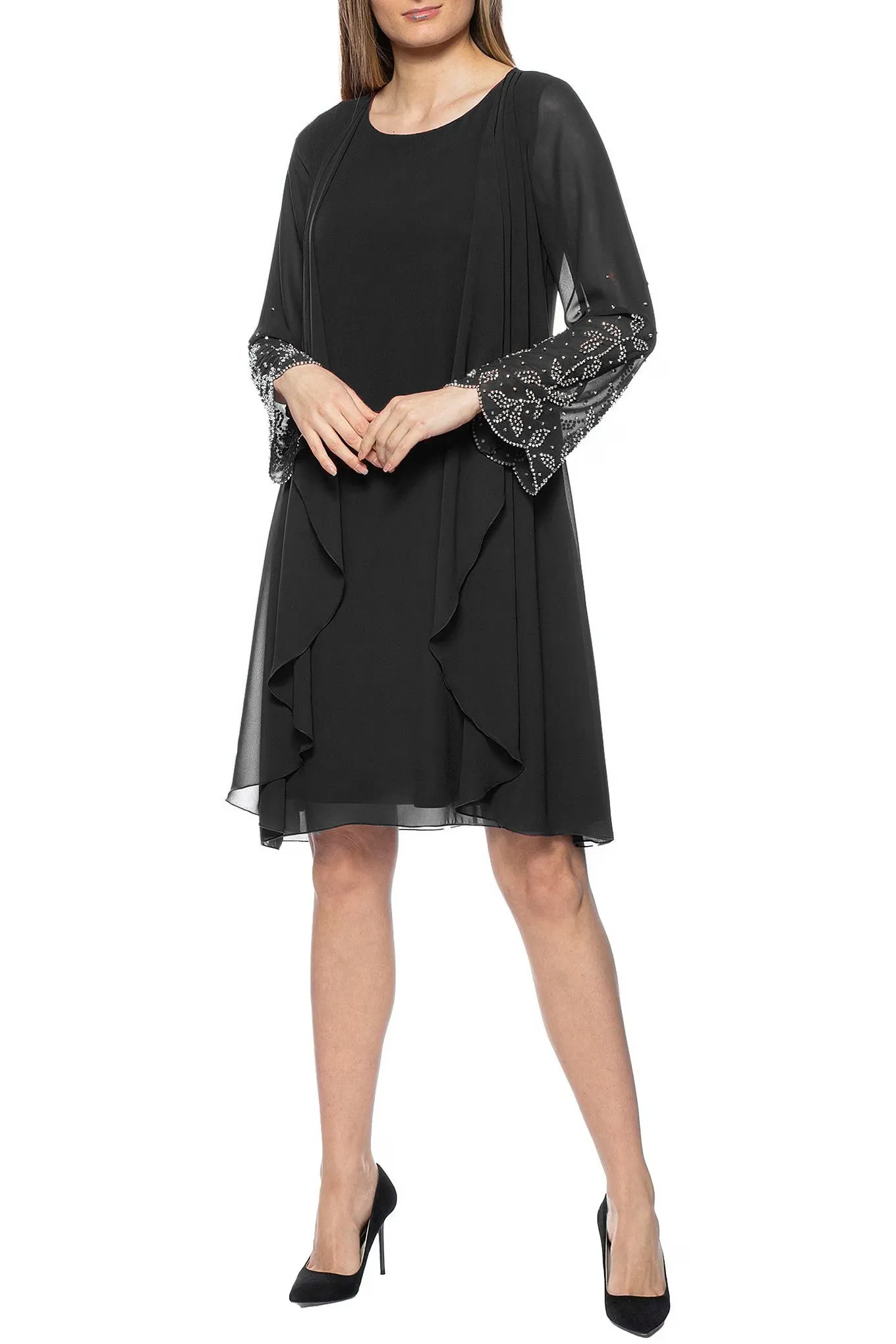 Marina Scoop Neck Embellished Sleeve Keyhole Back Solid Chiffon Jacket Dress