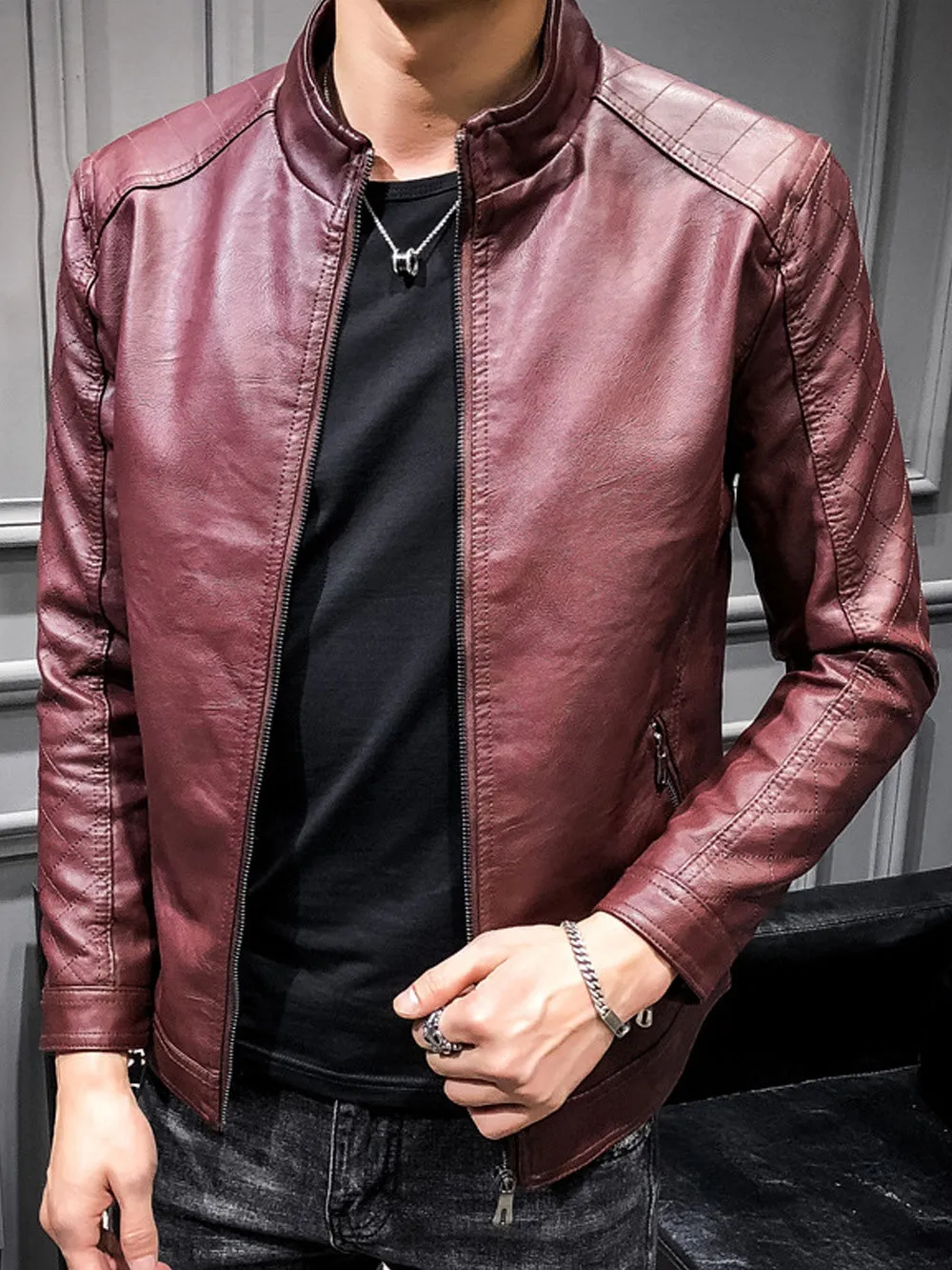 Men Small Collar Long Sleeves Leather Jacket C3512ZWJK