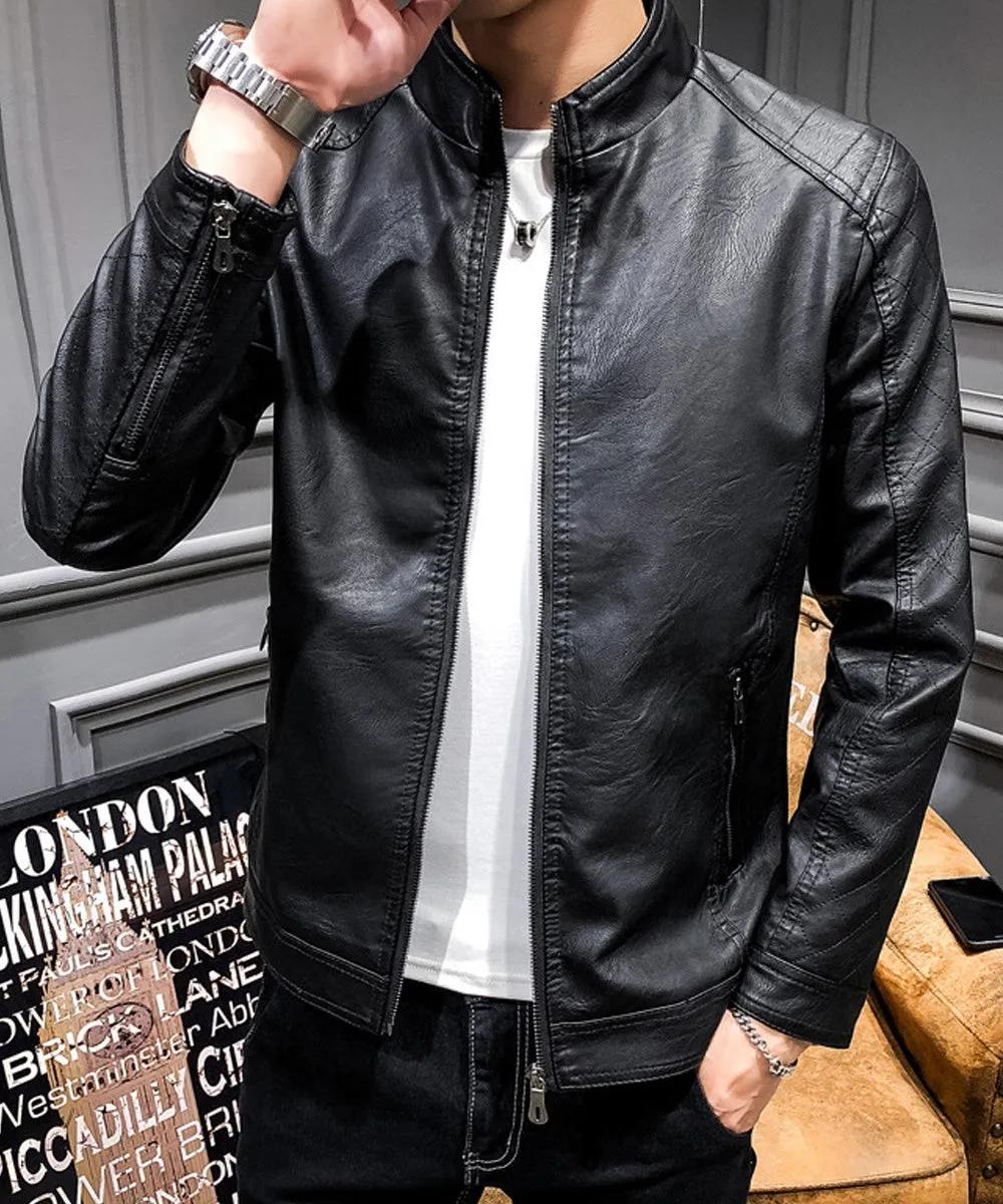 Men Small Collar Long Sleeves Leather Jacket C3512ZWJK