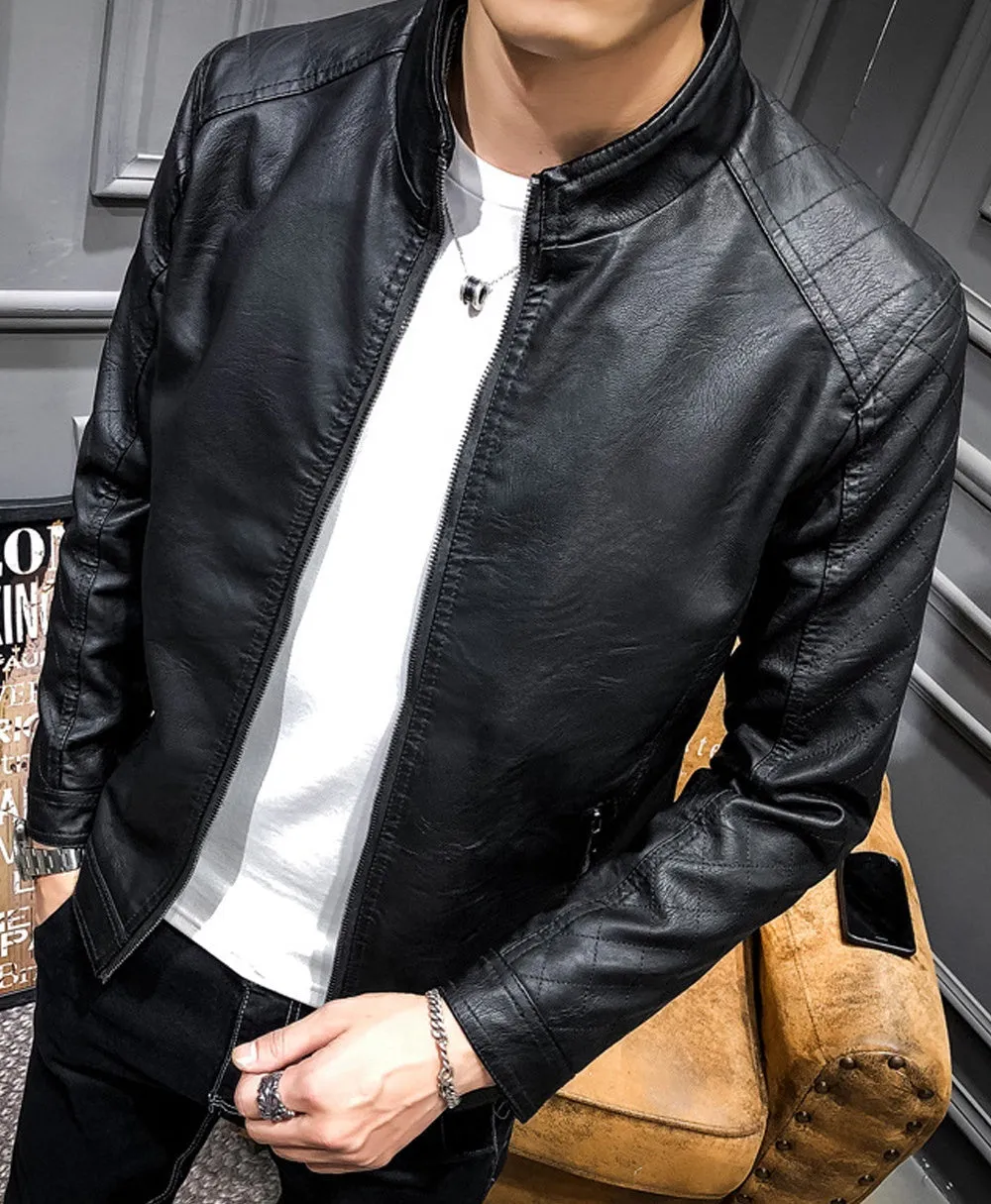 Men Small Collar Long Sleeves Leather Jacket C3512ZWJK