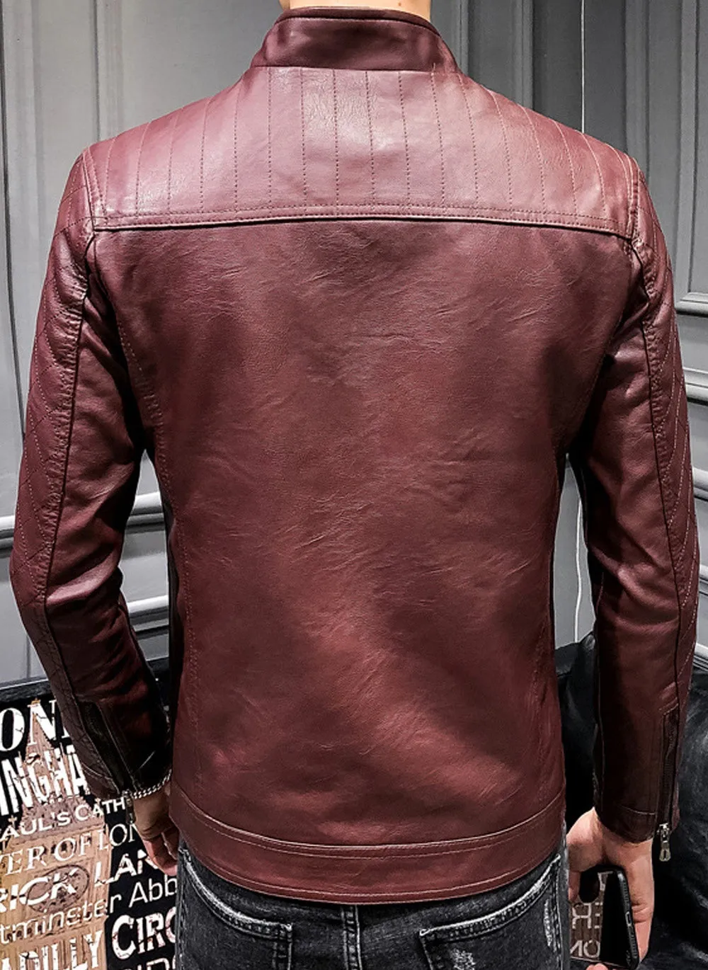 Men Small Collar Long Sleeves Leather Jacket C3512ZWJK