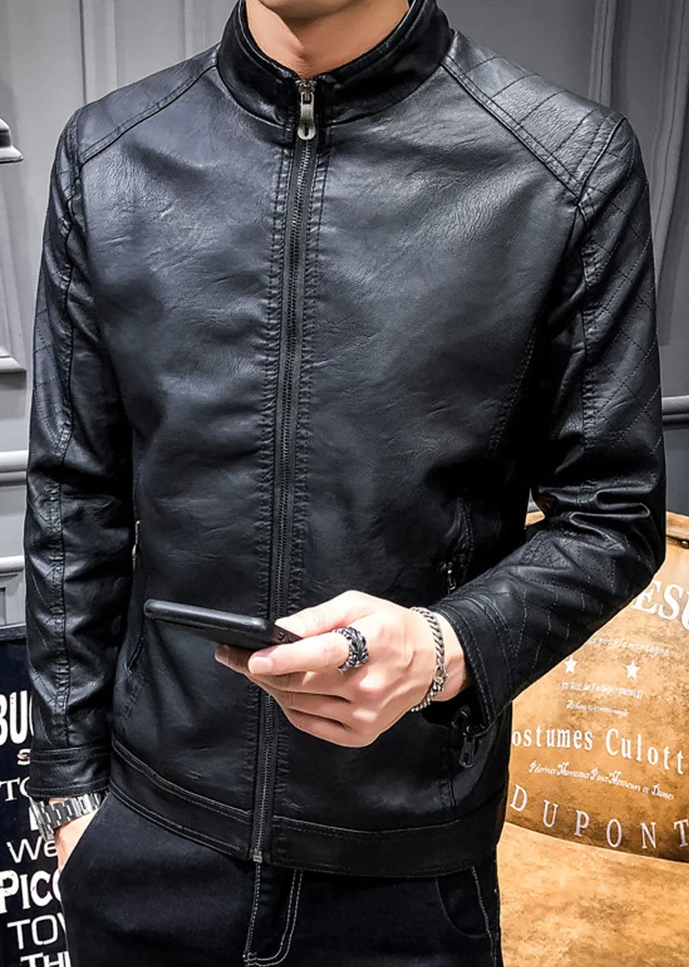 Men Small Collar Long Sleeves Leather Jacket C3512ZWJK