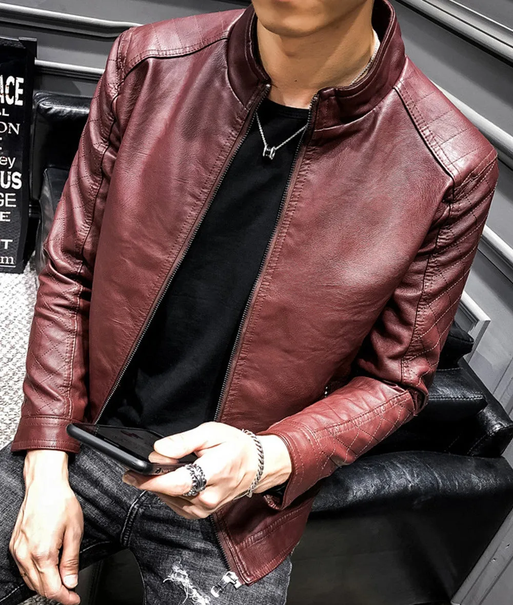 Men Small Collar Long Sleeves Leather Jacket C3512ZWJK