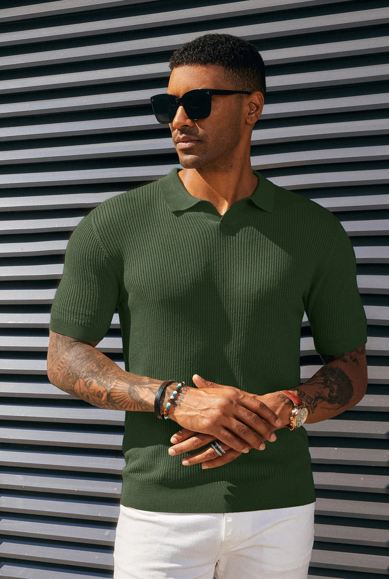 Men's Polo Shirt Ribbed Textured V Neck Knit Polo Shirts