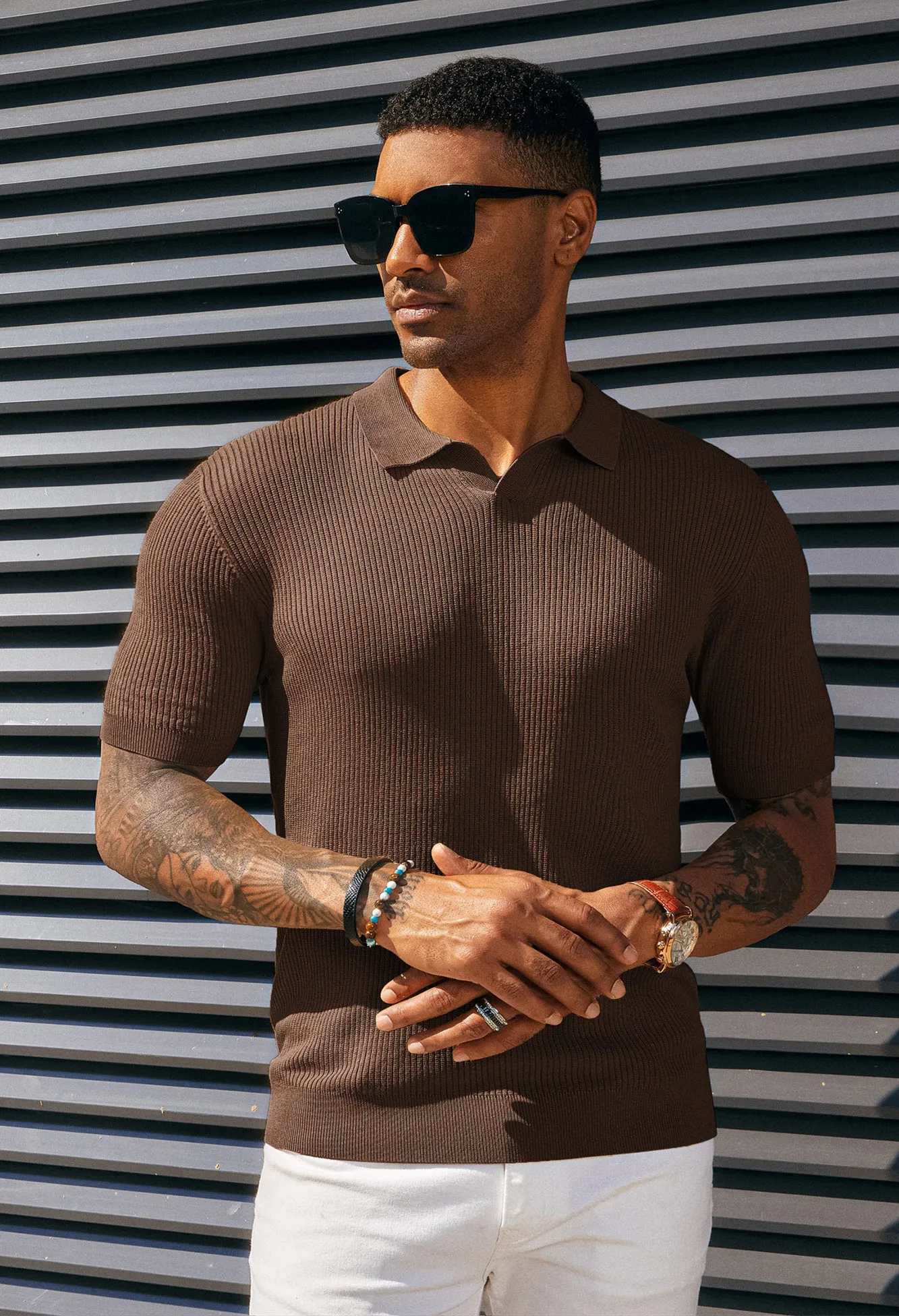 Men's Polo Shirt Ribbed Textured V Neck Knit Polo Shirts