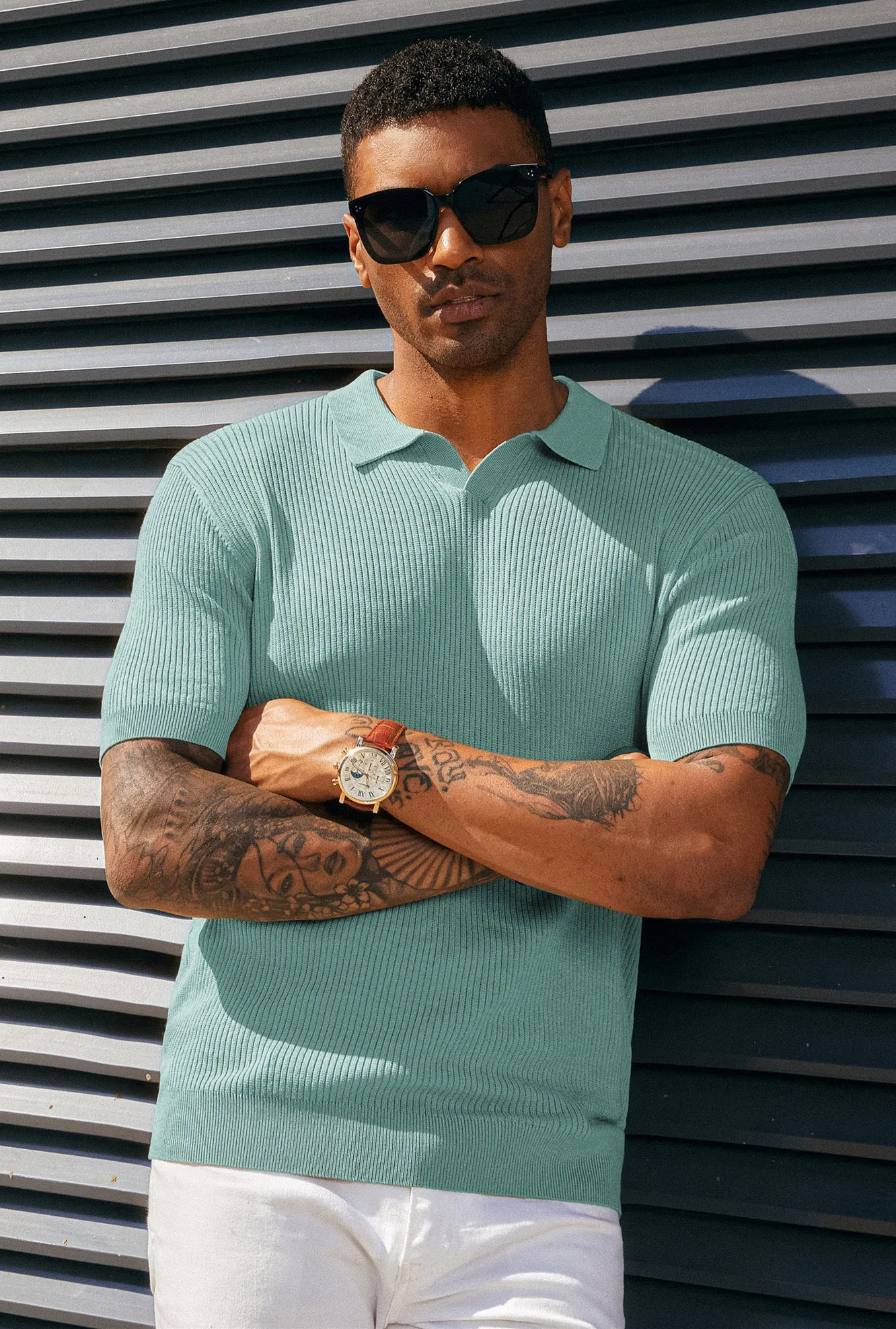 Men's Polo Shirt Ribbed Textured V Neck Knit Polo Shirts