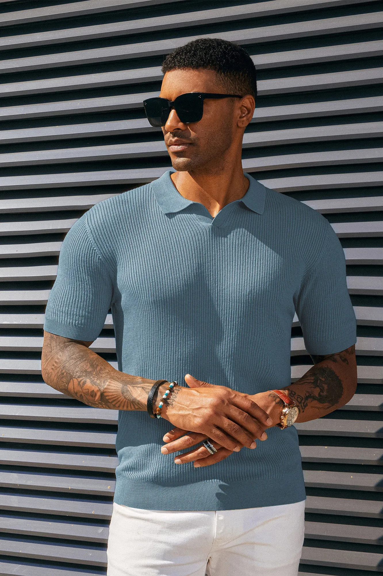 Men's Polo Shirt Ribbed Textured V Neck Knit Polo Shirts