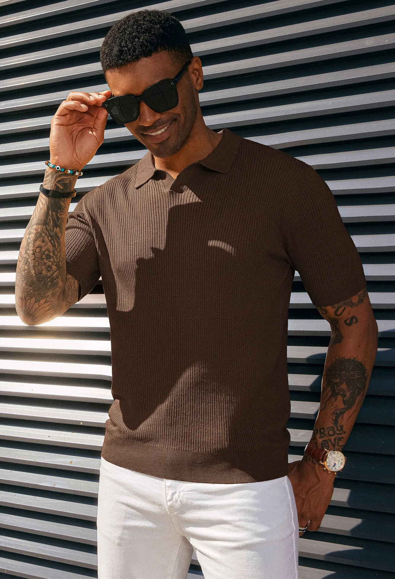 Men's Polo Shirt Ribbed Textured V Neck Knit Polo Shirts