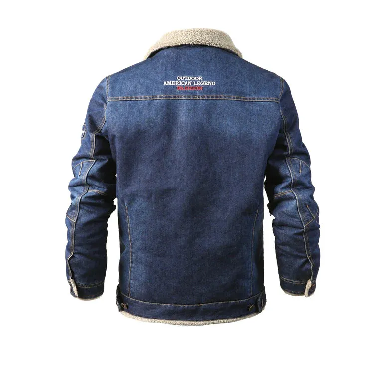 Men's Winter Casual Fleece Thick Lapel Oversized Denim Jacket