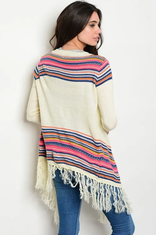 Misses Ivory and Pink Sweater Cardigan with Fringe