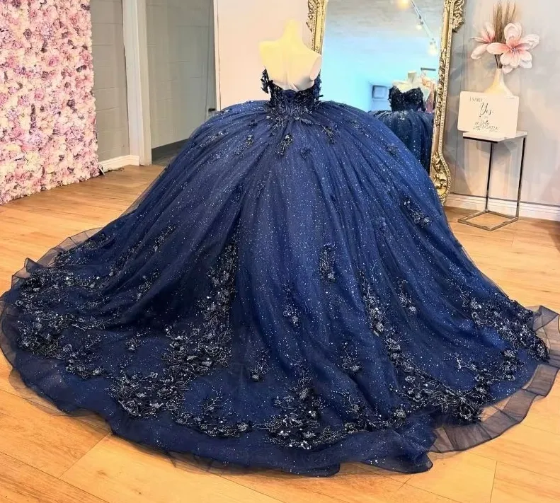 Navy Blue Mexican Quinceanera Dress Floral Applique Beaded Crystal Corset Sweet 16 Dress       fg6806