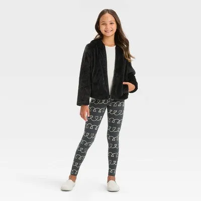 New - Girls' Faux Fur Zip-Up Jacket - Cat & Jack Black L