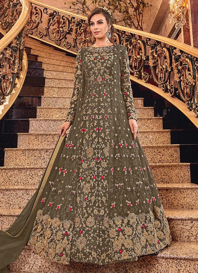 Olive Green Embroidered Designer Jacket Anarkali Suit