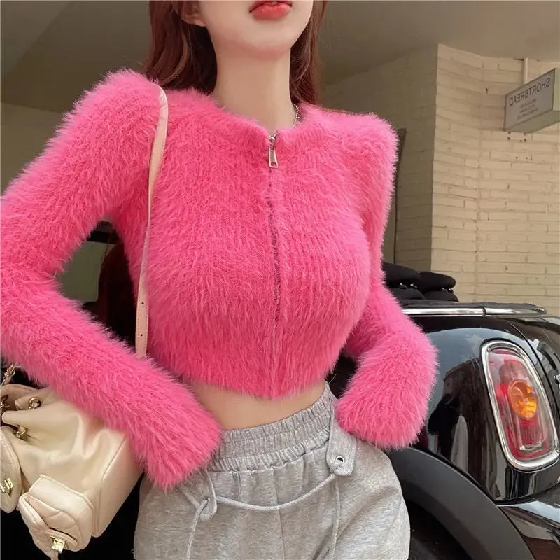 Pure Desire Style Hot Girl Mink-like Wool Short Sweater Top Elegant Slim Sexy Niche Cardigan