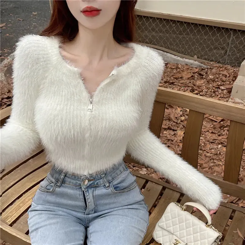 Pure Desire Style Hot Girl Mink-like Wool Short Sweater Top Elegant Slim Sexy Niche Cardigan