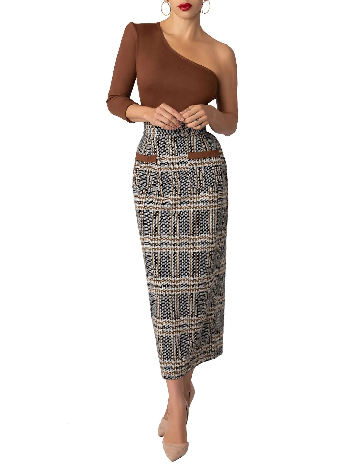 "Nottingham" Brown Brushed Plaid Pencil Skirt