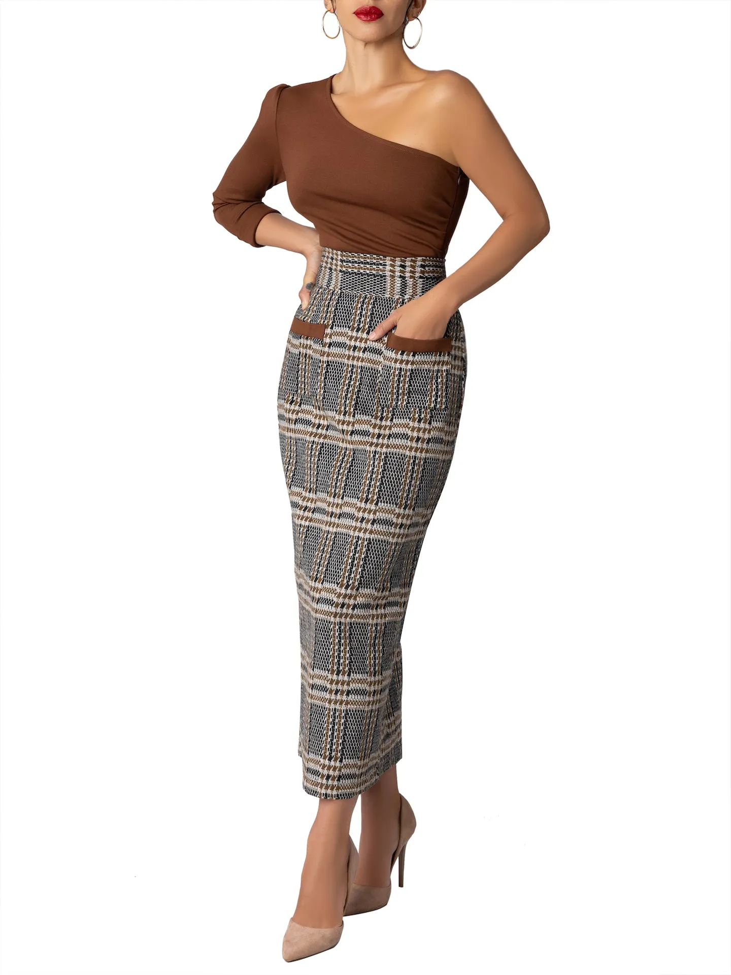 "Nottingham" Brown Brushed Plaid Pencil Skirt