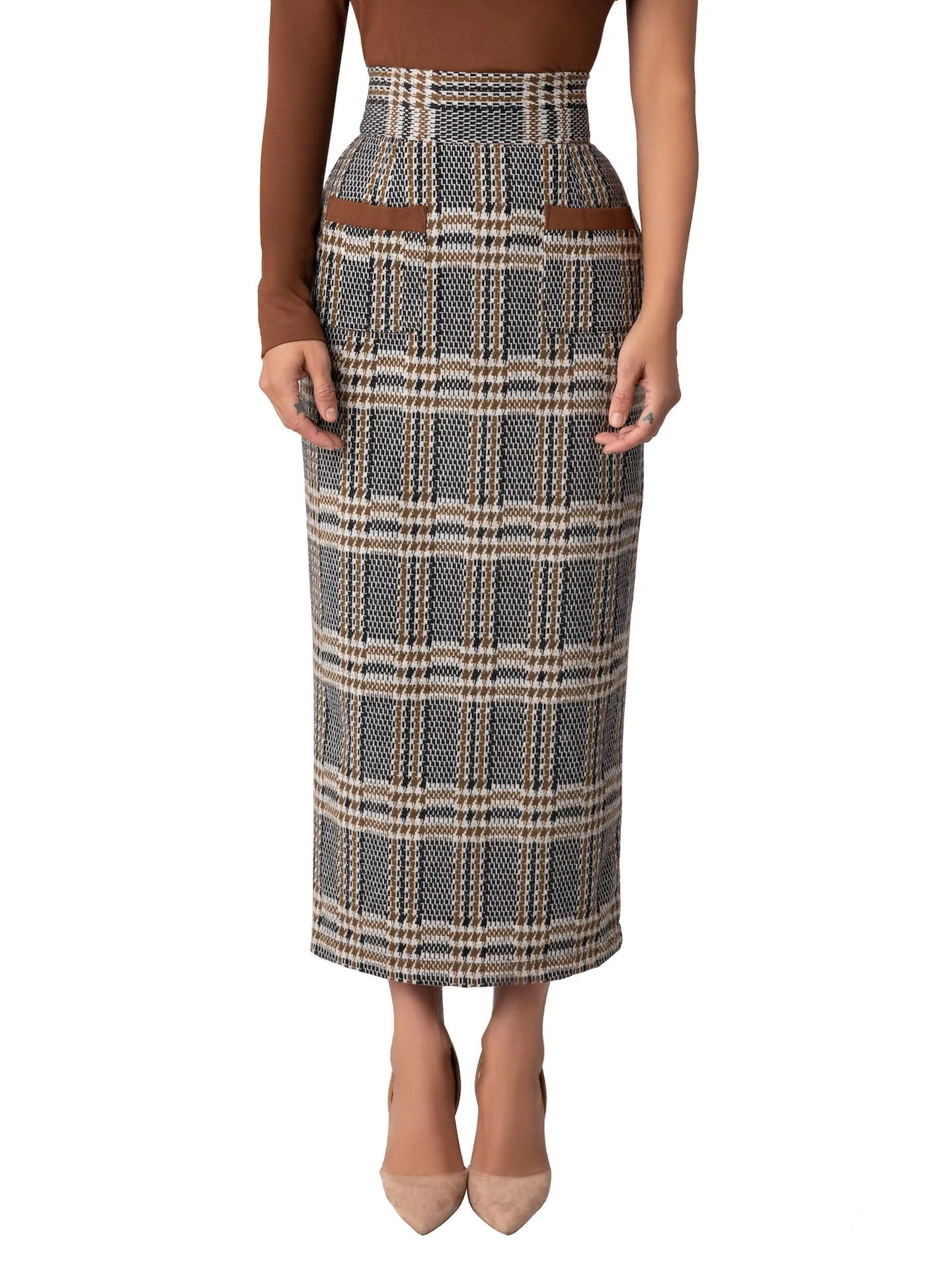 "Nottingham" Brown Brushed Plaid Pencil Skirt