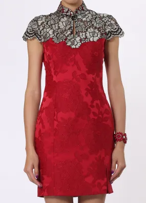 Red and Gold Floral Qipao with Contrast Embroidered Lace Top