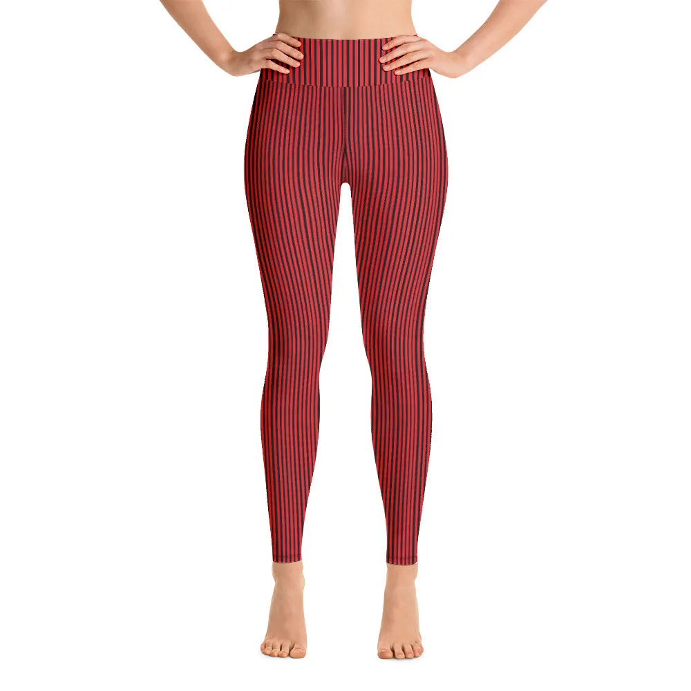 Red Black Striped Yoga Leggings, Long Vertically Stripes Circus Tights For Women-Made in USA/EU