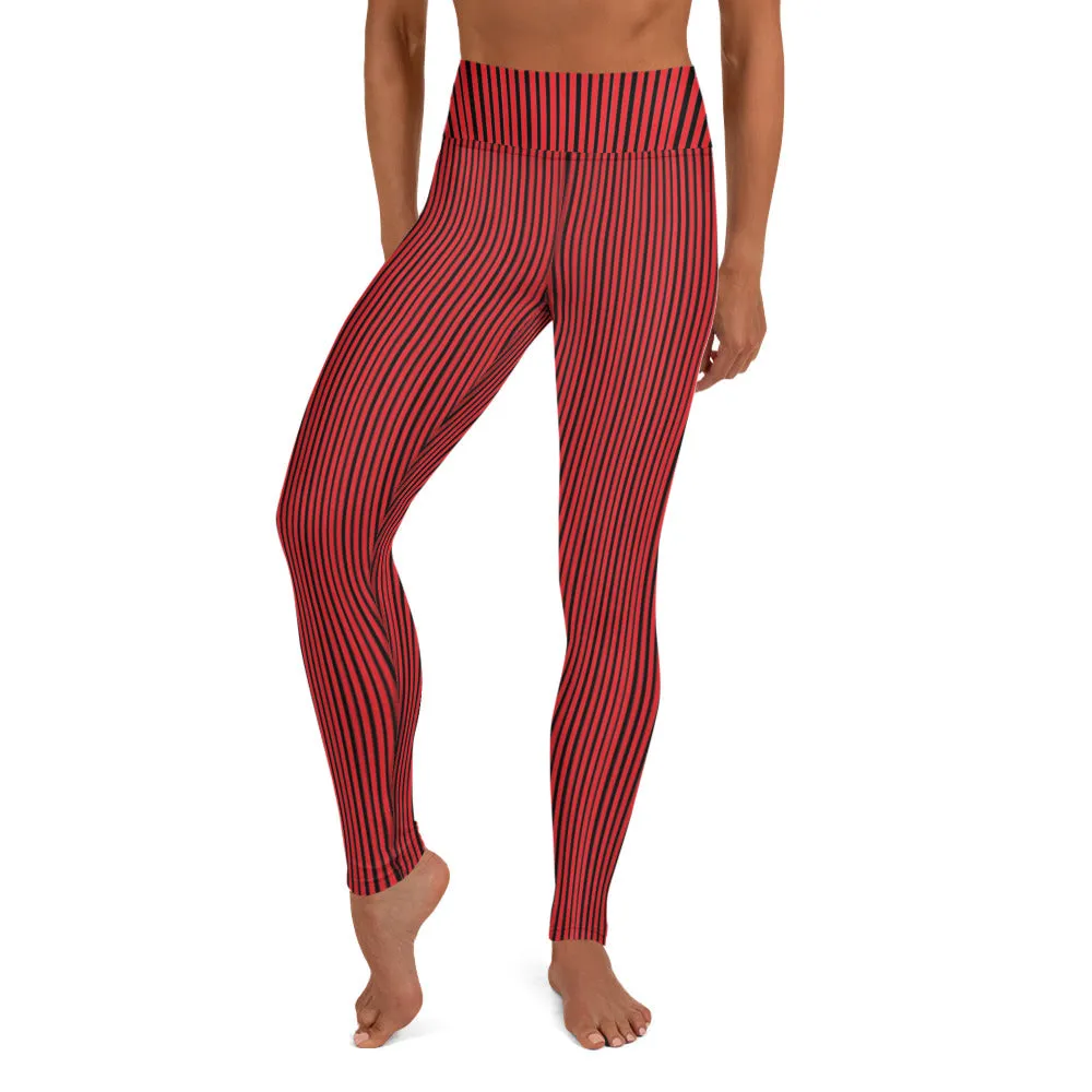 Red Black Striped Yoga Leggings, Long Vertically Stripes Circus Tights For Women-Made in USA/EU