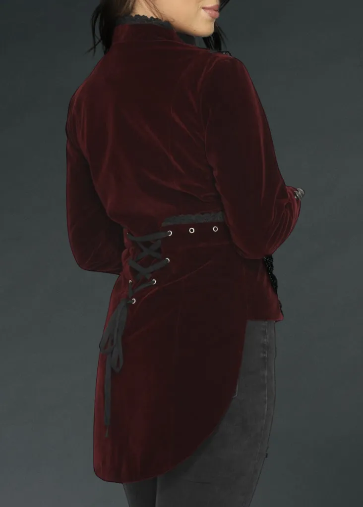 Red Velvet Steampunk Tailed Jacket Gothic Coat