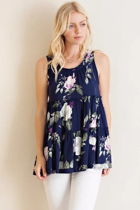 Rose Garden Tank Ruffle Blouse - Navy