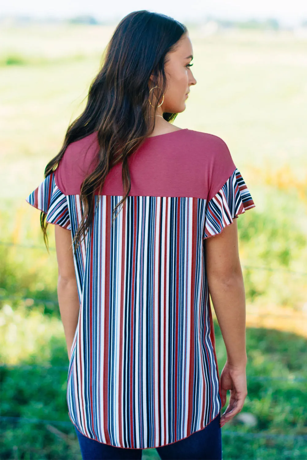 Rose Striped Ruffle Sleeve Tie Top