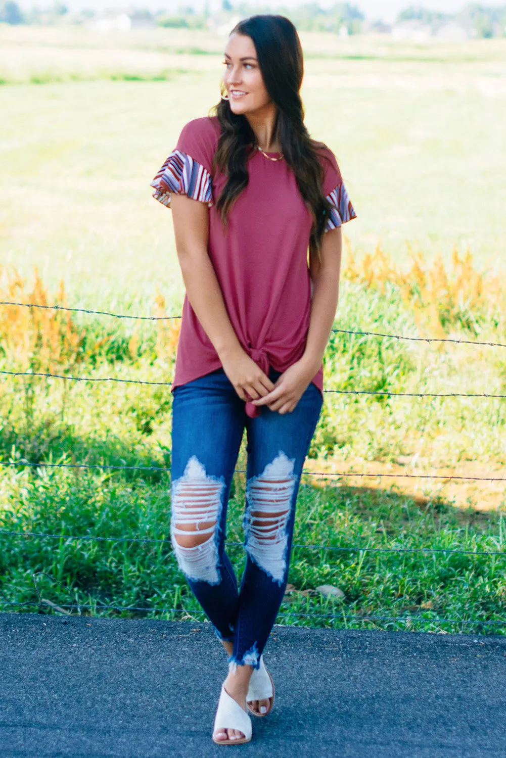 Rose Striped Ruffle Sleeve Tie Top