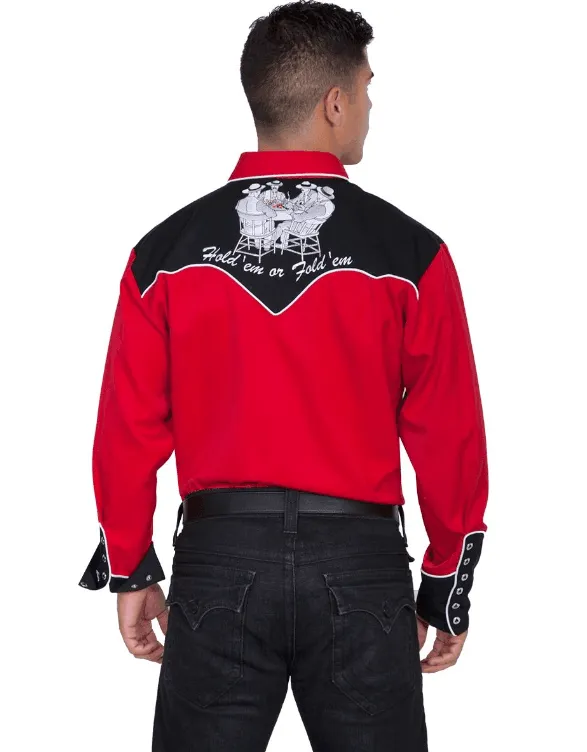 Scully Men's Red and Black Four Ace Embroidery Western Shirt P-686