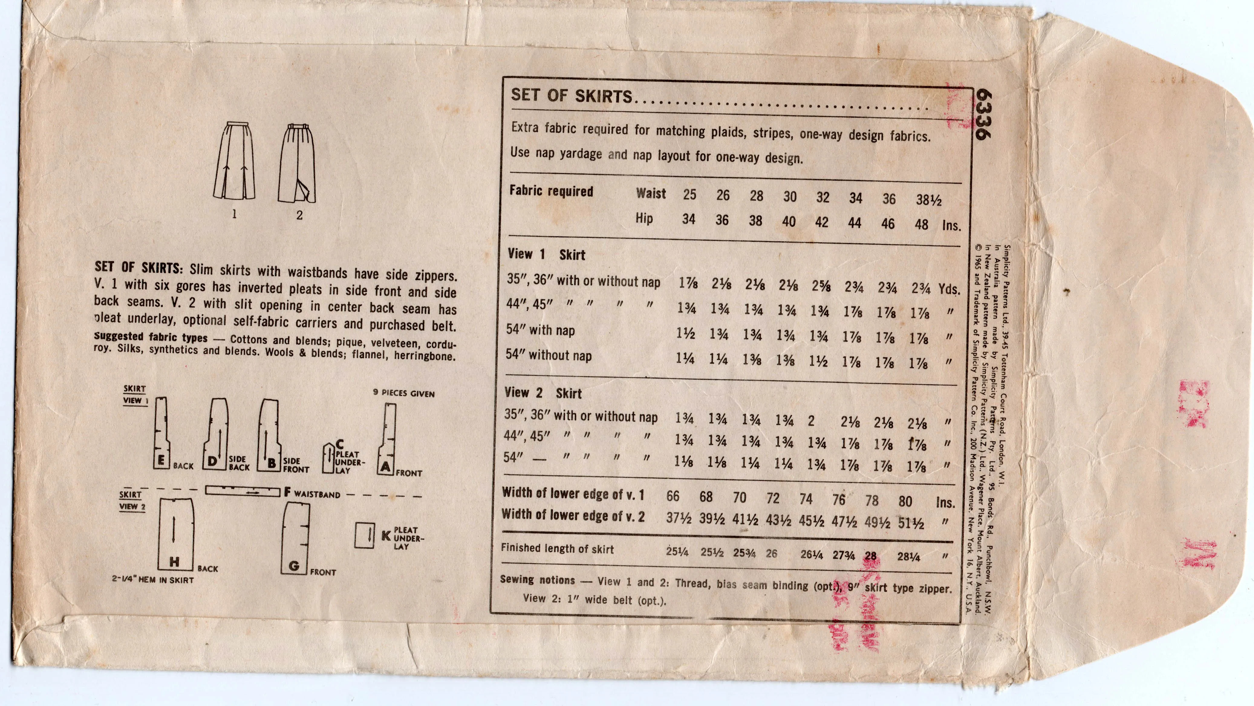 Simplicity 6336 Womens Straight or Pleated Skirts 1960s Vintage Sewing Pattern Waist 26 inches