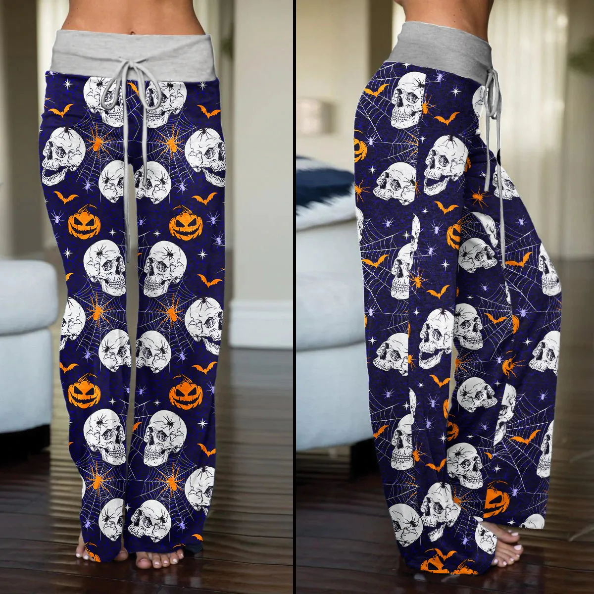 Skull Halloween Pumpkin Bat Women's High-waisted Wide Leg Pants