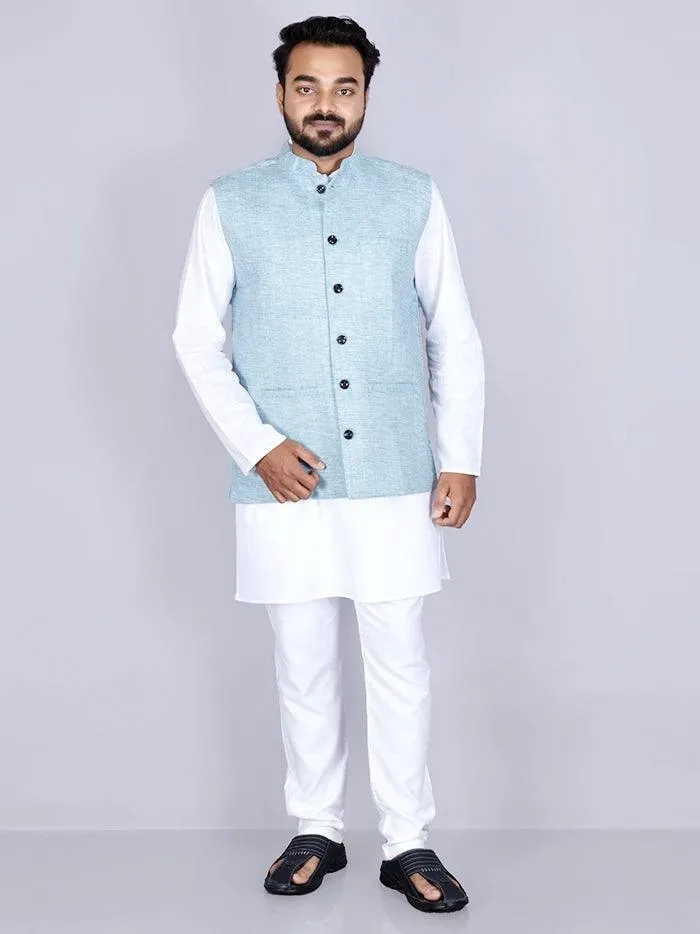 Sky Blue & White Handwoven Cotton Modi Jacket