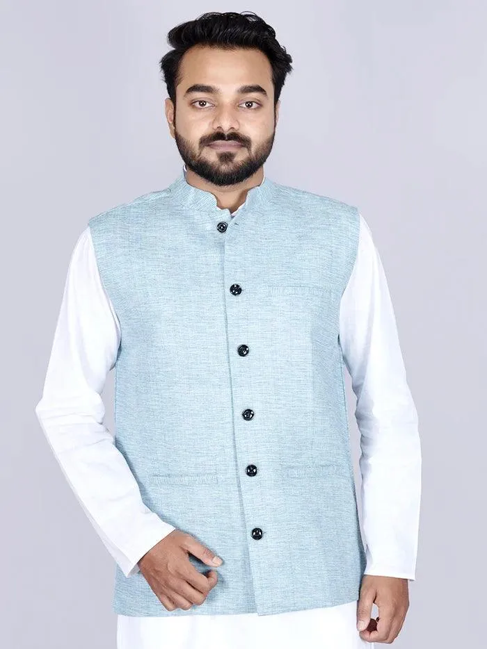 Sky Blue & White Handwoven Cotton Modi Jacket