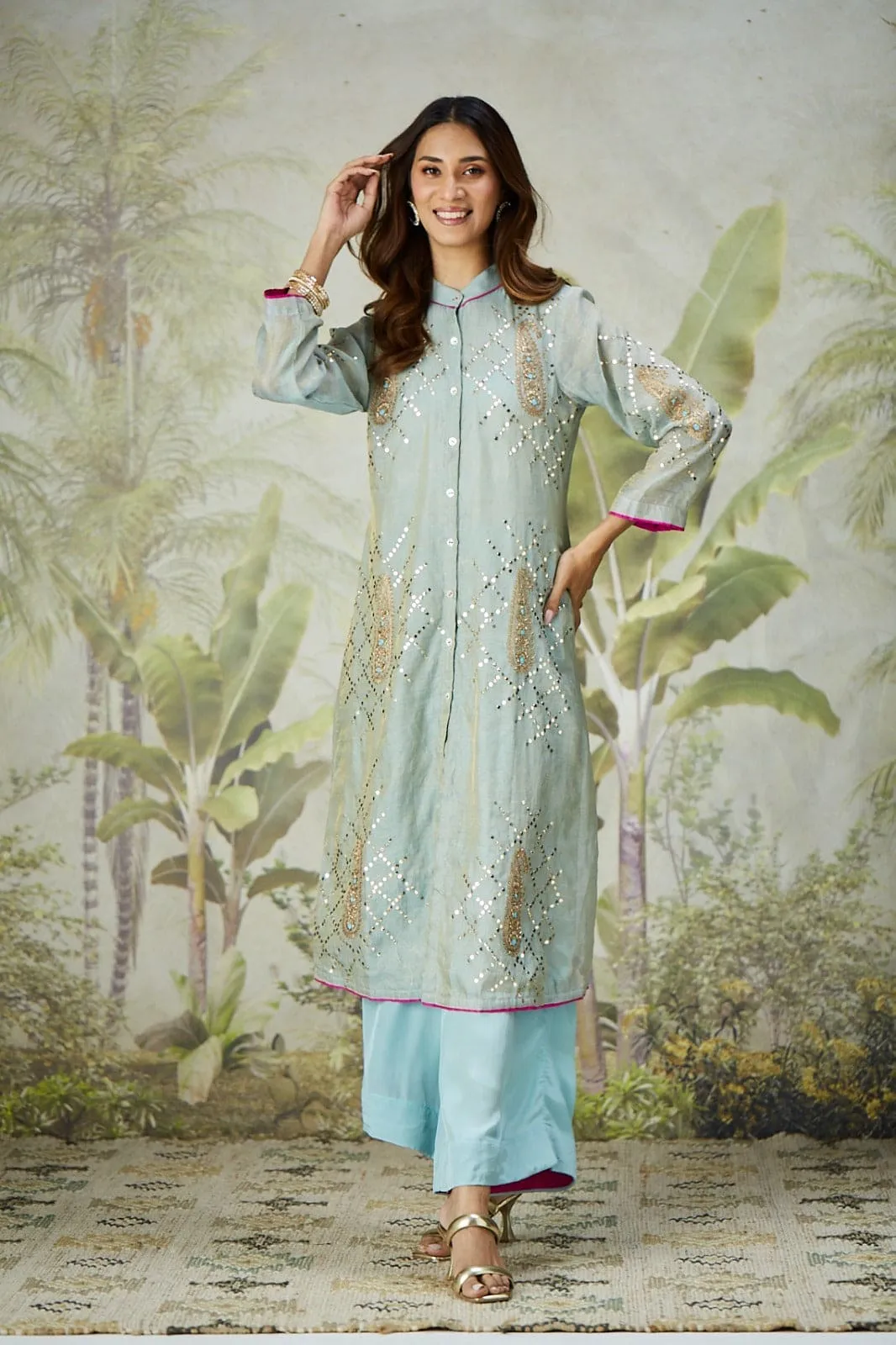 Sky Blue Mukaish Co-Ord Set With Overlay