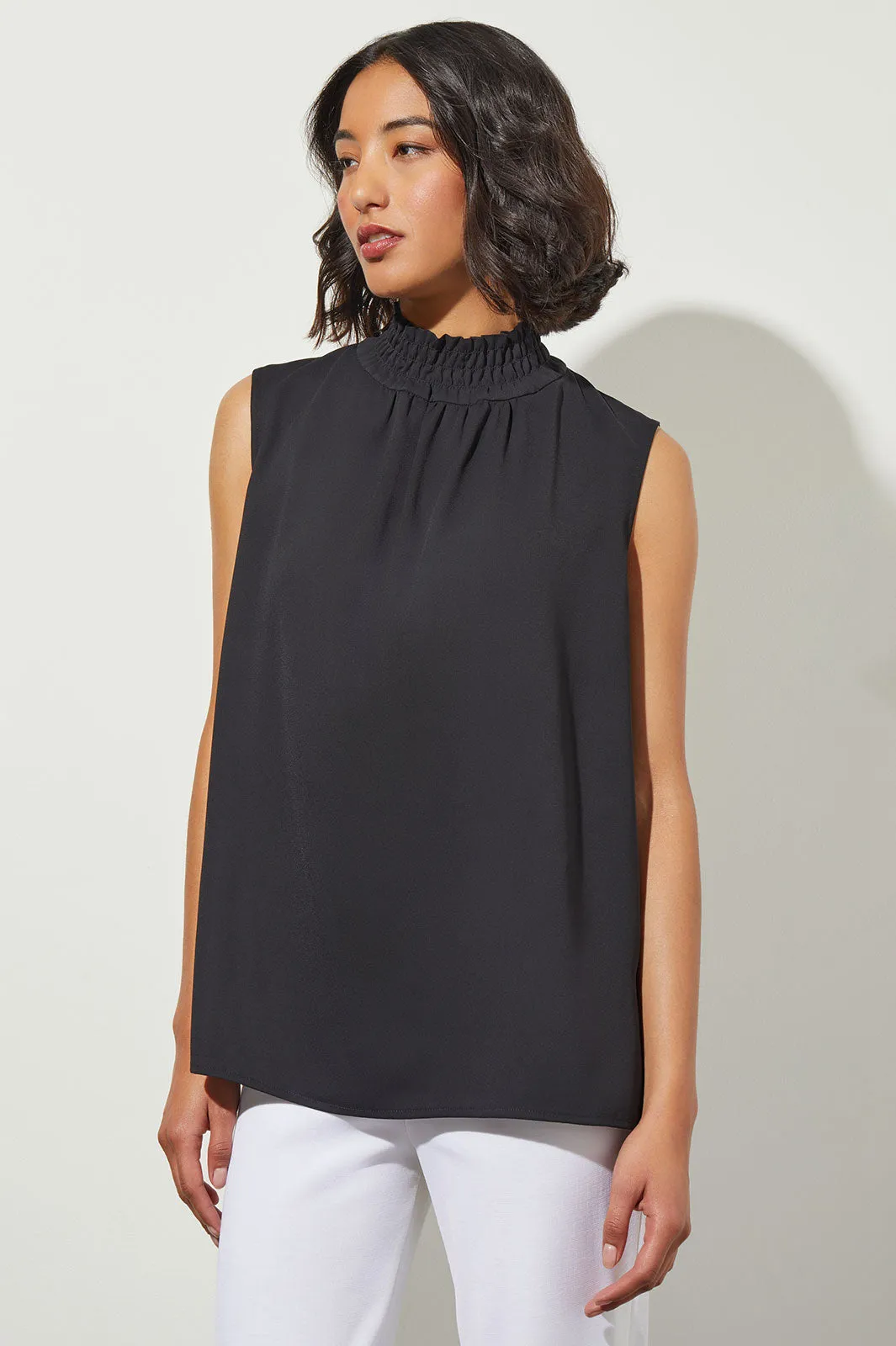 Smocked Neckline Crepe de Chine Blouse, Black